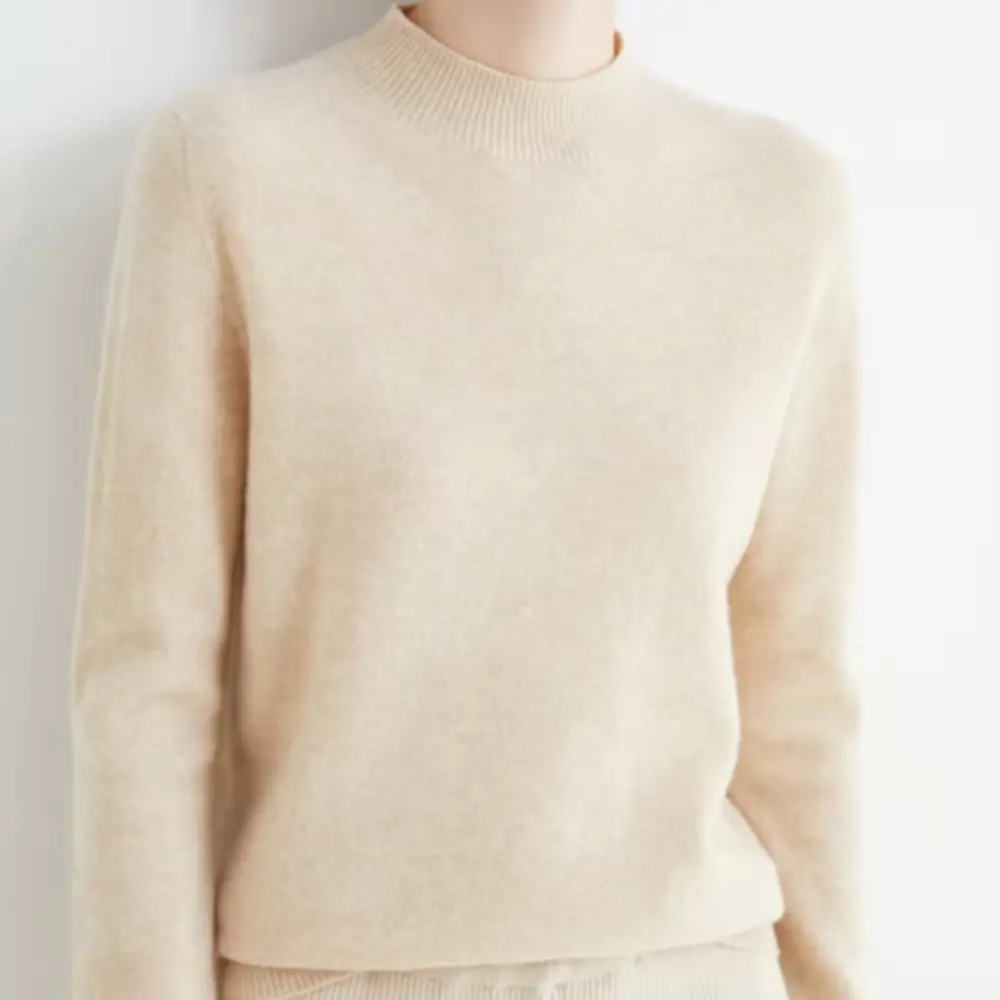 Women's ivory mock neck 100% wool sweater, cozy solid-color knit for office and casual wear