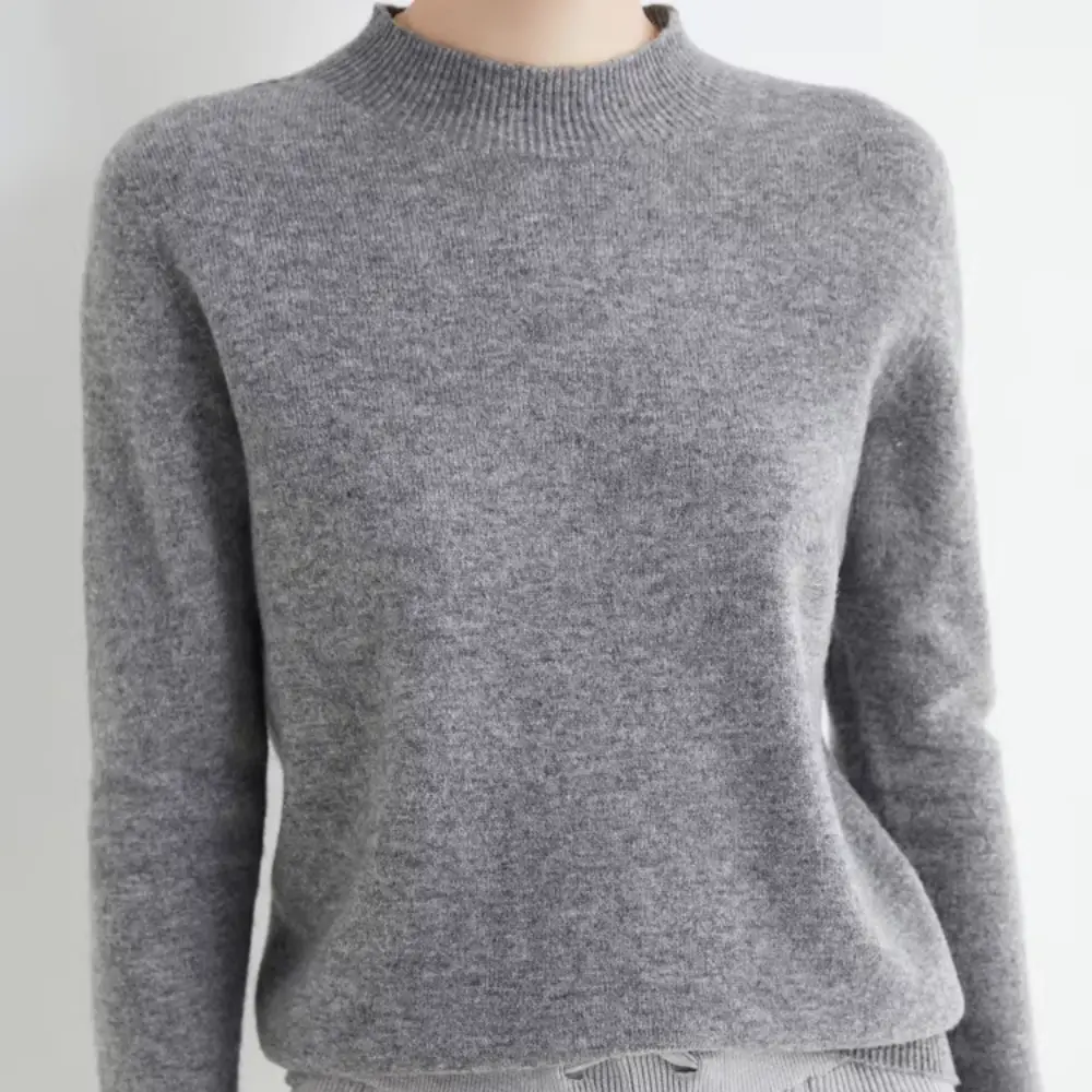 Women's ivory 100% wool mock neck sweater, cozy solid-color knit for office and casual wear