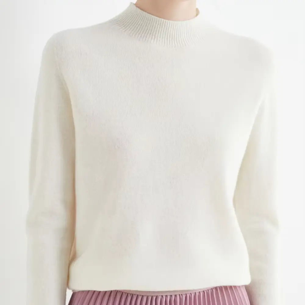 Women's ivory 100% wool mock neck sweater, cozy solid-color knit for office and casual wear