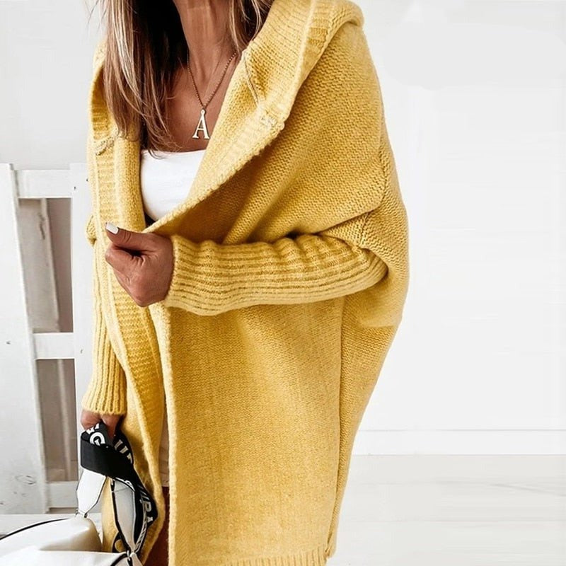 Women's oversized hooded longline knit cardigan chunky wool blend open front cozy neutral layering piece
