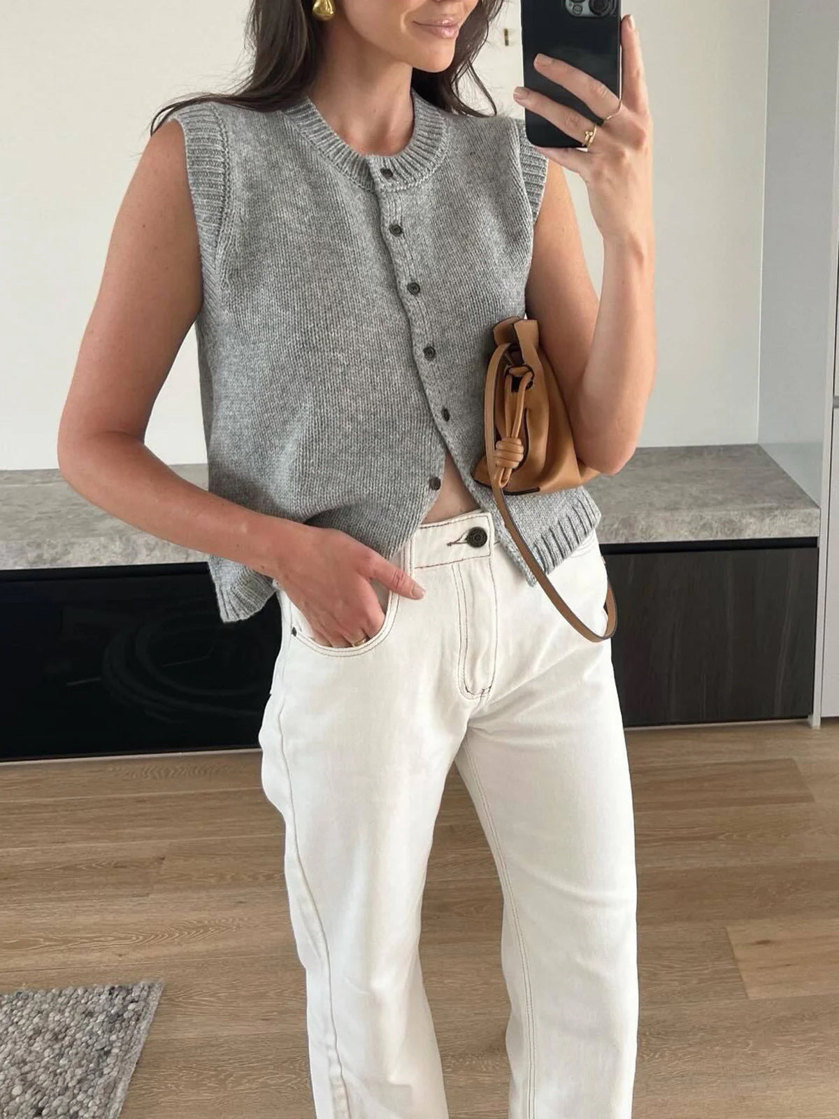 Casual button-up sweater vest in neutral knit, relaxed fit with elastane blend for stretch comfort