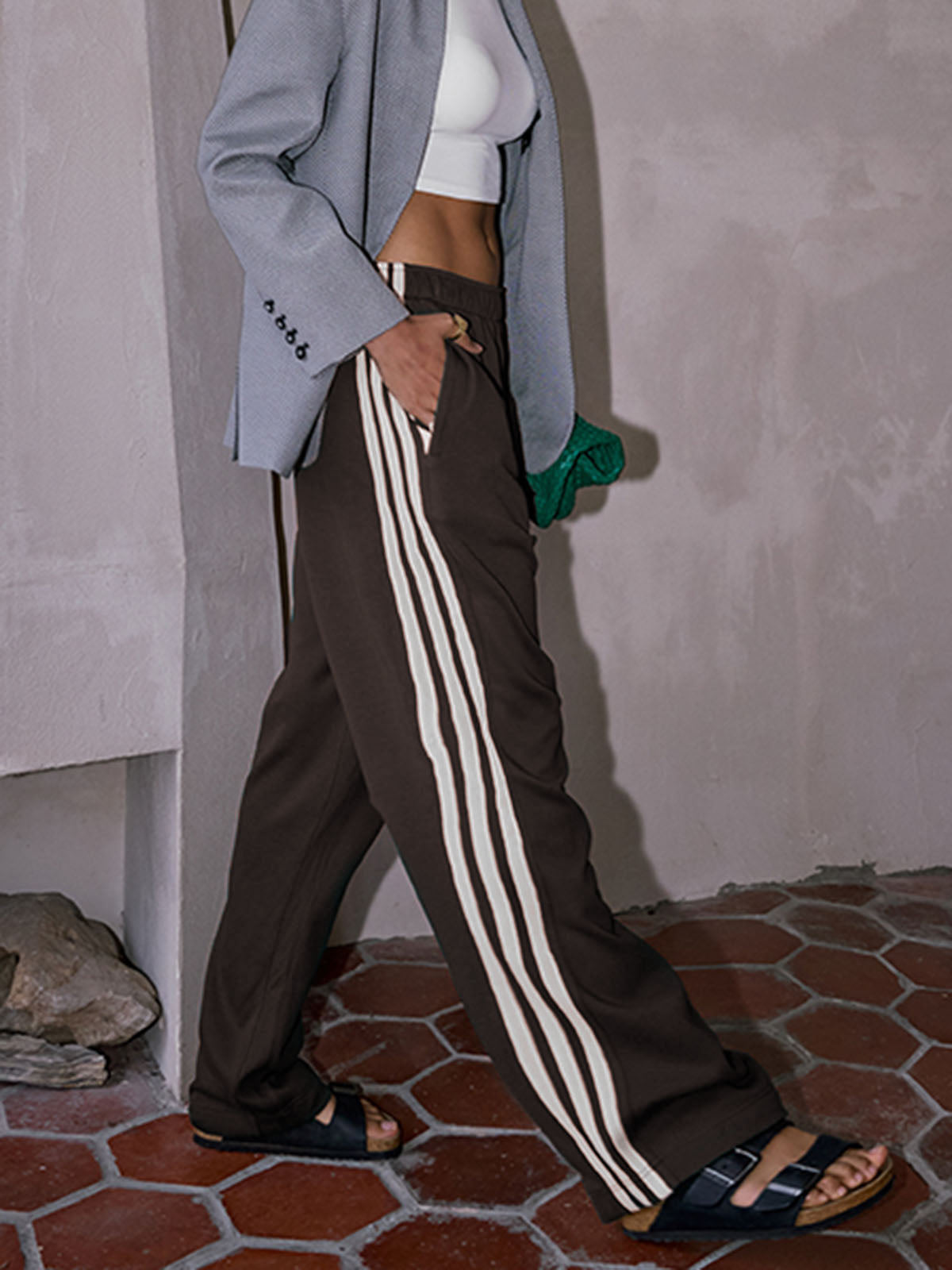 Casual striped patchwork sweatpants high waist long fit cotton blend leisure pants