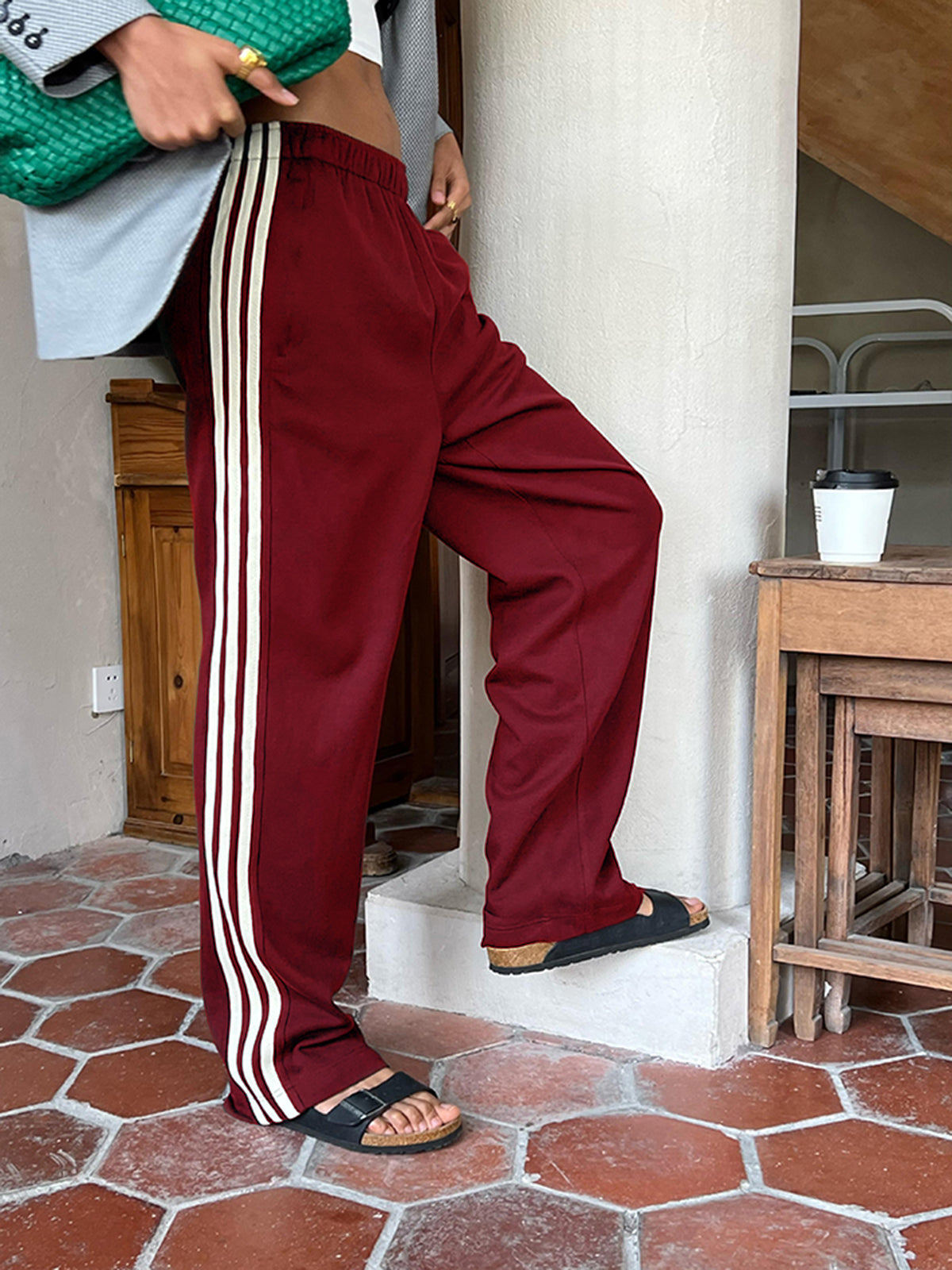 Casual striped patchwork sweatpants high waist long fit cotton blend leisure pants
