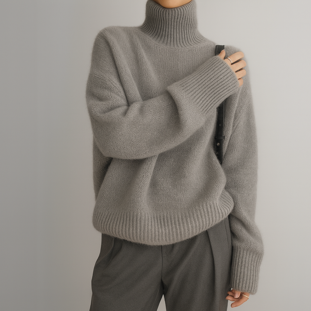 TrendAura ivory cashmere oversized turtleneck sweater with ribbed cuffs and thick knit