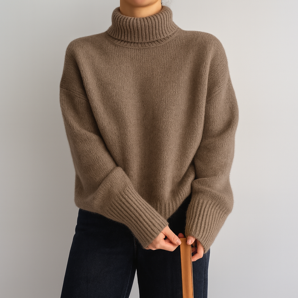 TrendAura ivory cashmere oversized turtleneck sweater with ribbed cuffs and thick knit