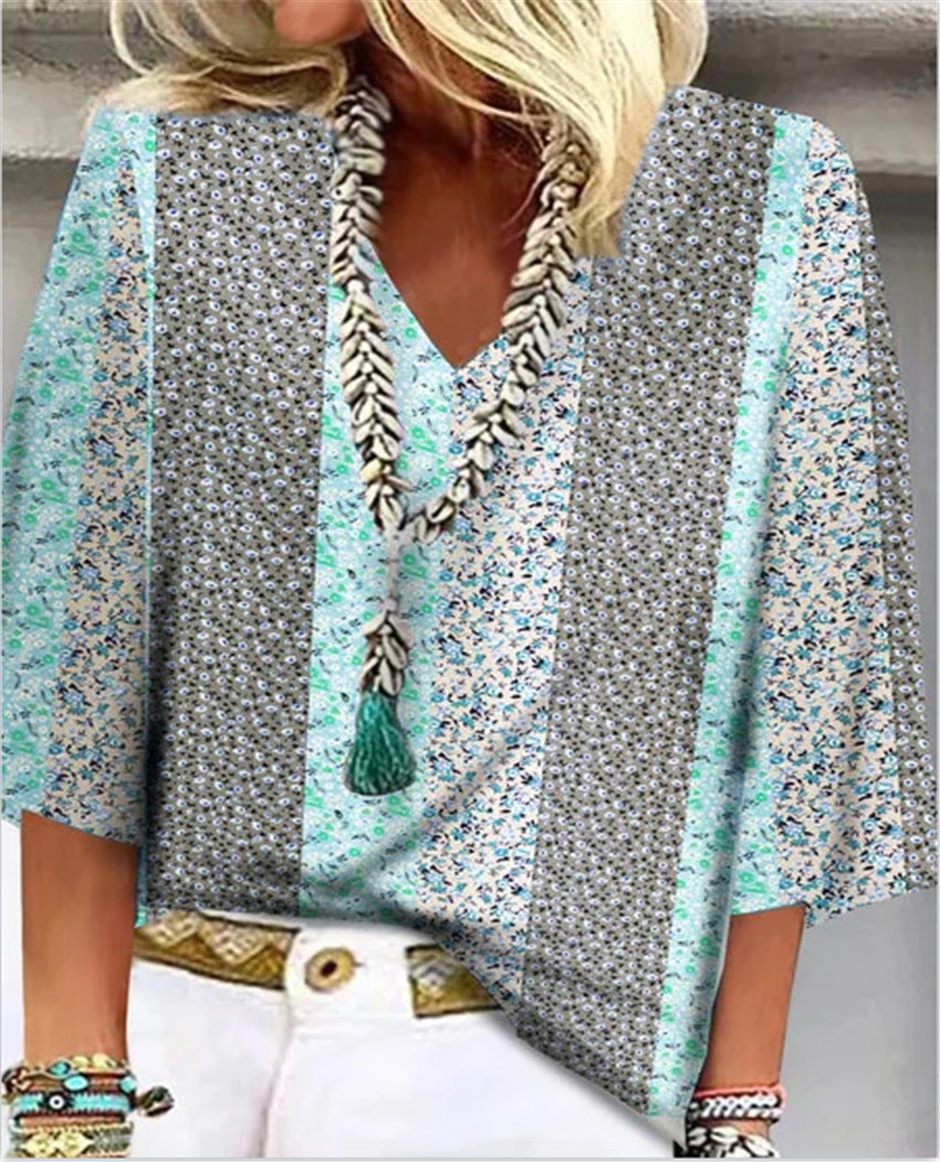 Women's ditsy floral patchwork V-neck top in blue grey pink with relaxed 3/4 sleeves