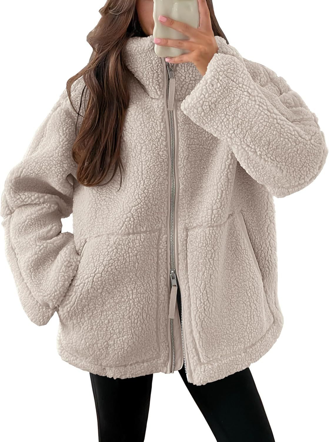 Women's wool blend zip-up jacket in neutral tone, modern relaxed fit with neat lapel collar