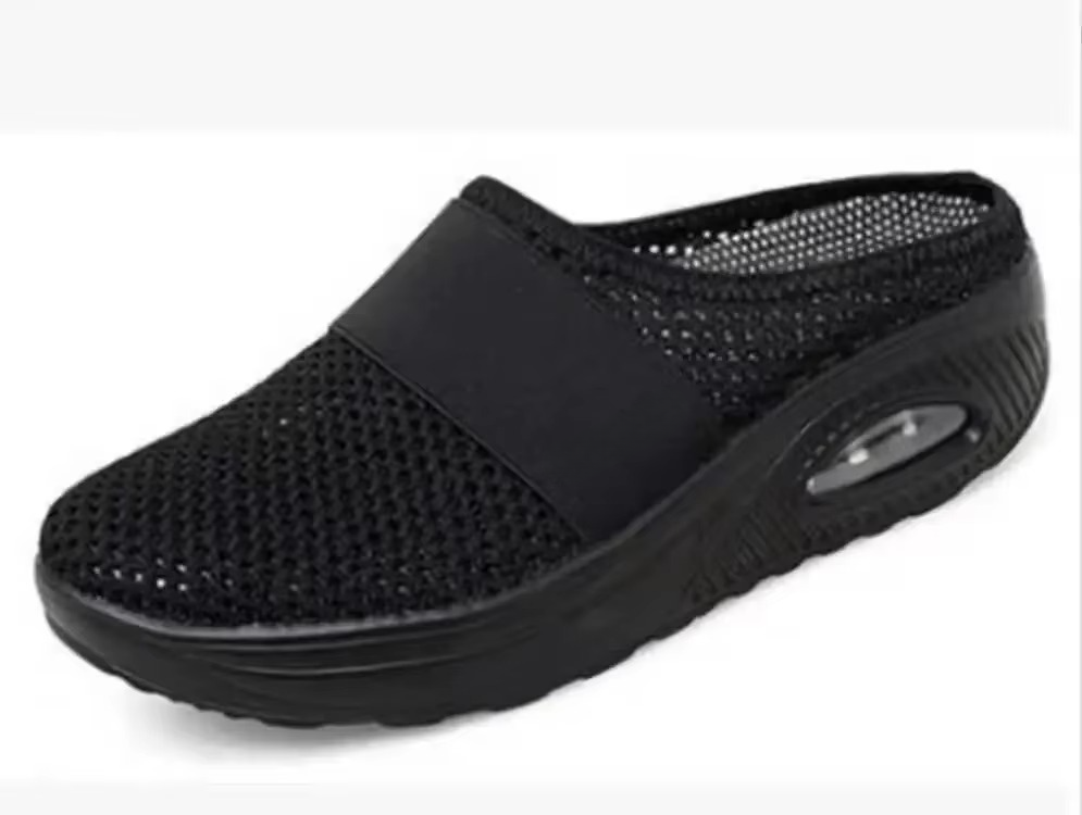 Women's gray mesh slip-on platform mules with comfort air cushion sole, lightweight walking shoes