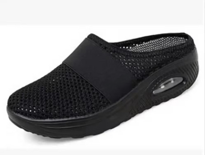 Women's gray mesh slip-on platform mules with comfort air cushion sole, lightweight walking shoes