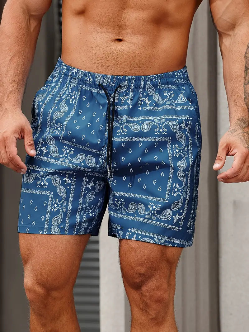 Men's bandana print swim shorts mid-thigh relaxed fit quick-dry beach pool wear