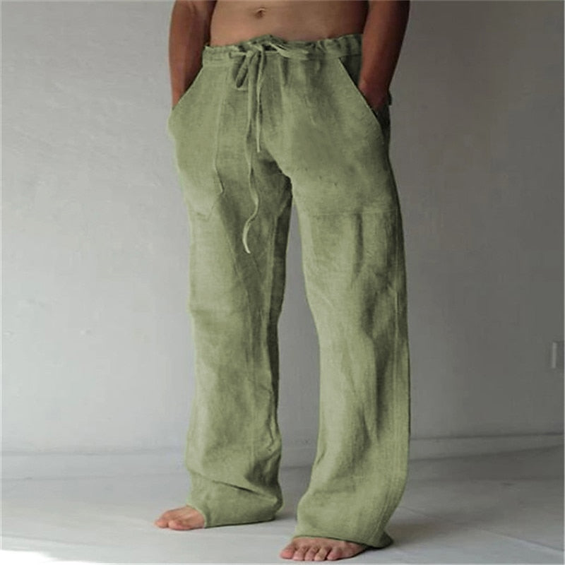 Men's beige linen pants loose fit drawstring waist lightweight breathable casual summer style