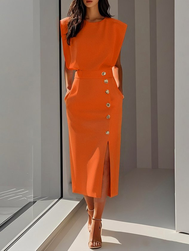 Elegant midi dress with round neckline, button slit detail, flattering feminine silhouette in timeless style