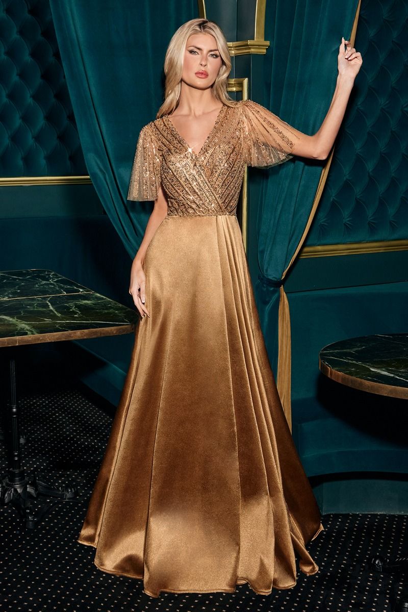 Beaded navy blue A-line mother of the bride gown with sequined V-neck bodice and sheer sleeves