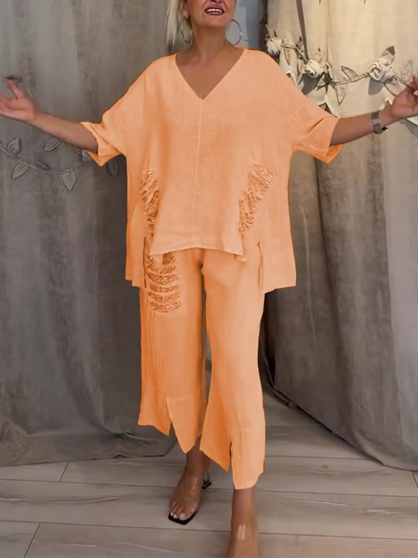 Women's ivory linen 2-piece set oversized V-neck top with sequin fringe pocket and cropped wide-leg pants