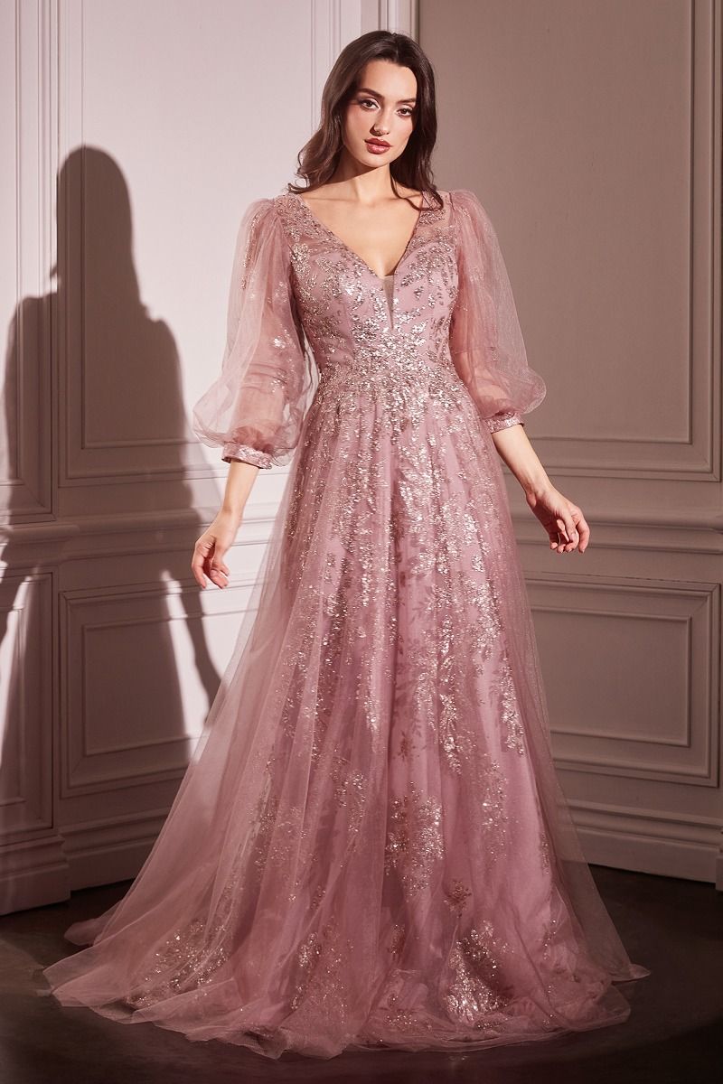 LaDivine CD0102 modest A-line mother of bride formal gown full-length shimmer elegant fit