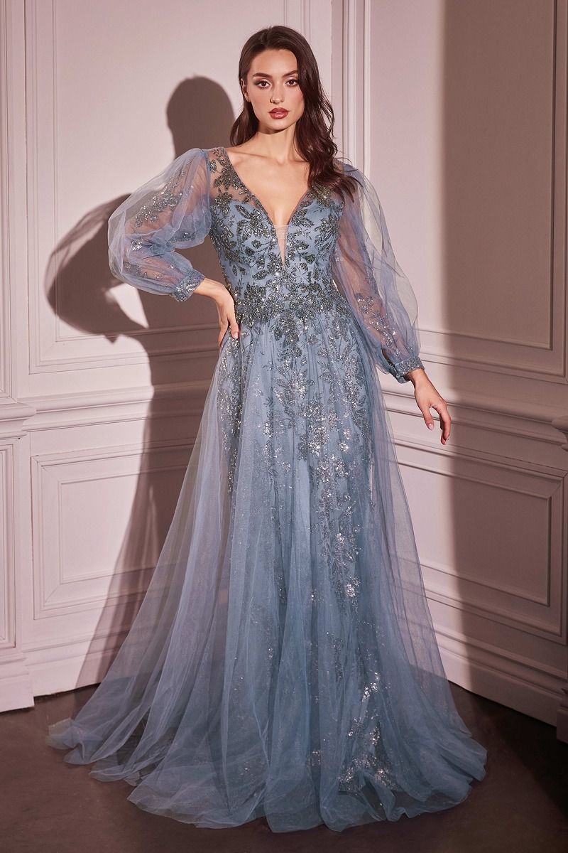 Modest A-line mother of the bride formal gown with shimmer detailing in full-length elegant silhouette