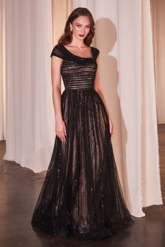 LaDivine CD0238 formal long beaded A-line evening gown with off-shoulder fitted bodice and sequin stripes