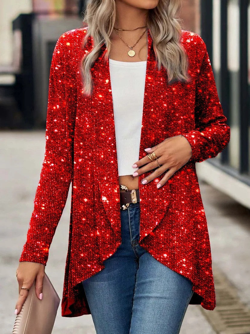 Women's relaxed open-front knit cardigan with sequin accents and asymmetrical hem for everyday glam