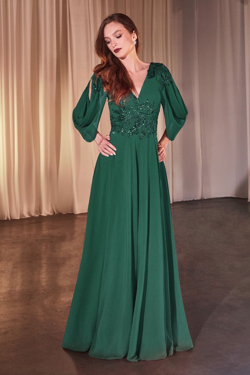 Elegant navy chiffon A-line mother of bride gown with deep V-neckline and beaded bodice