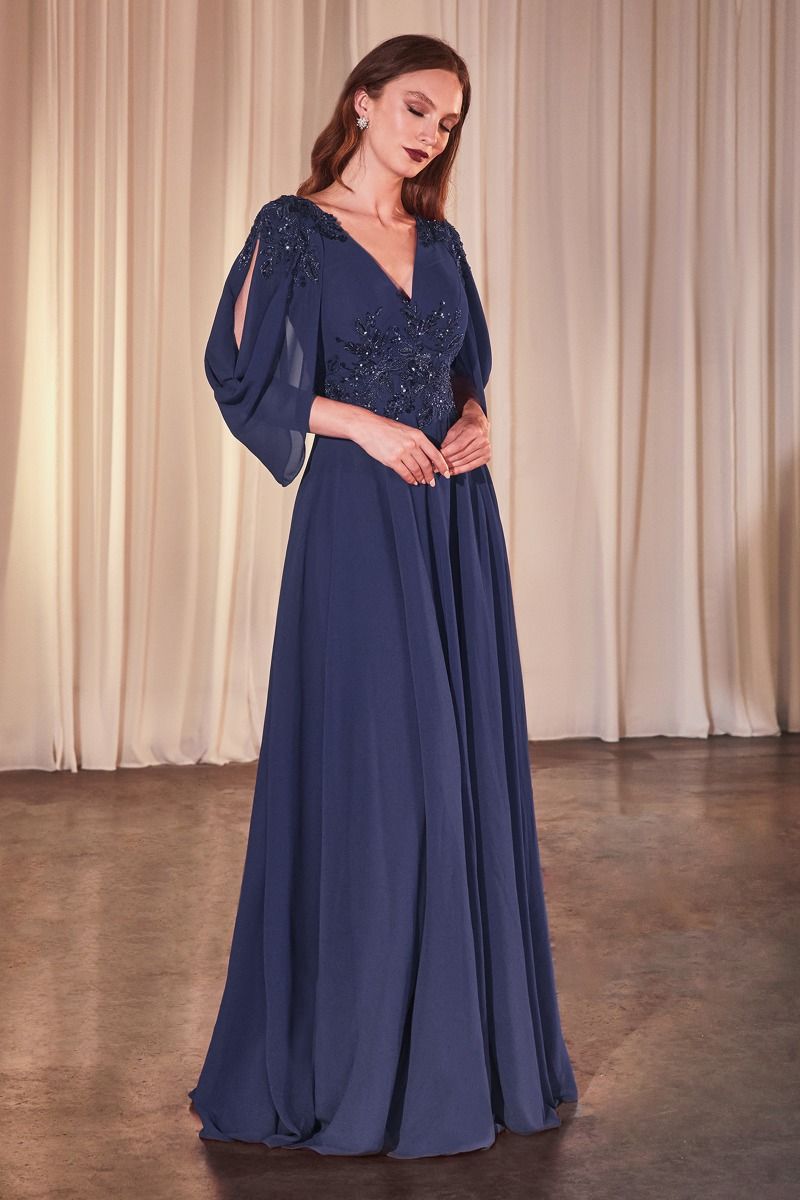 Elegant chiffon A-line mother of bride formal long dress deep V-neck beaded bodice split sleeves