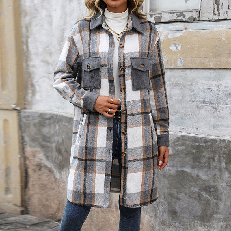 Longline brushed plaid unisex coat with plush interior, cold-weather style and functional pockets
