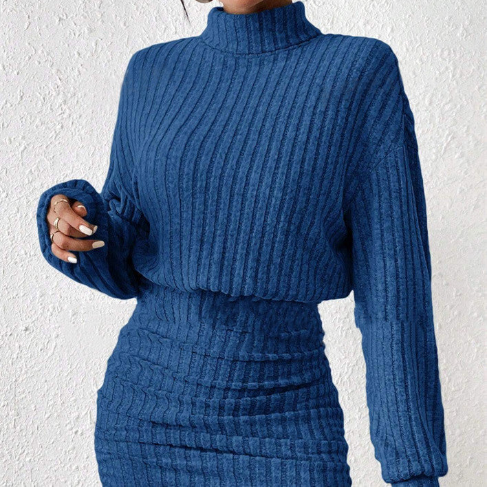 Ribbed knit turtleneck midi dress cozy winter style fitted silhouette with structured texture