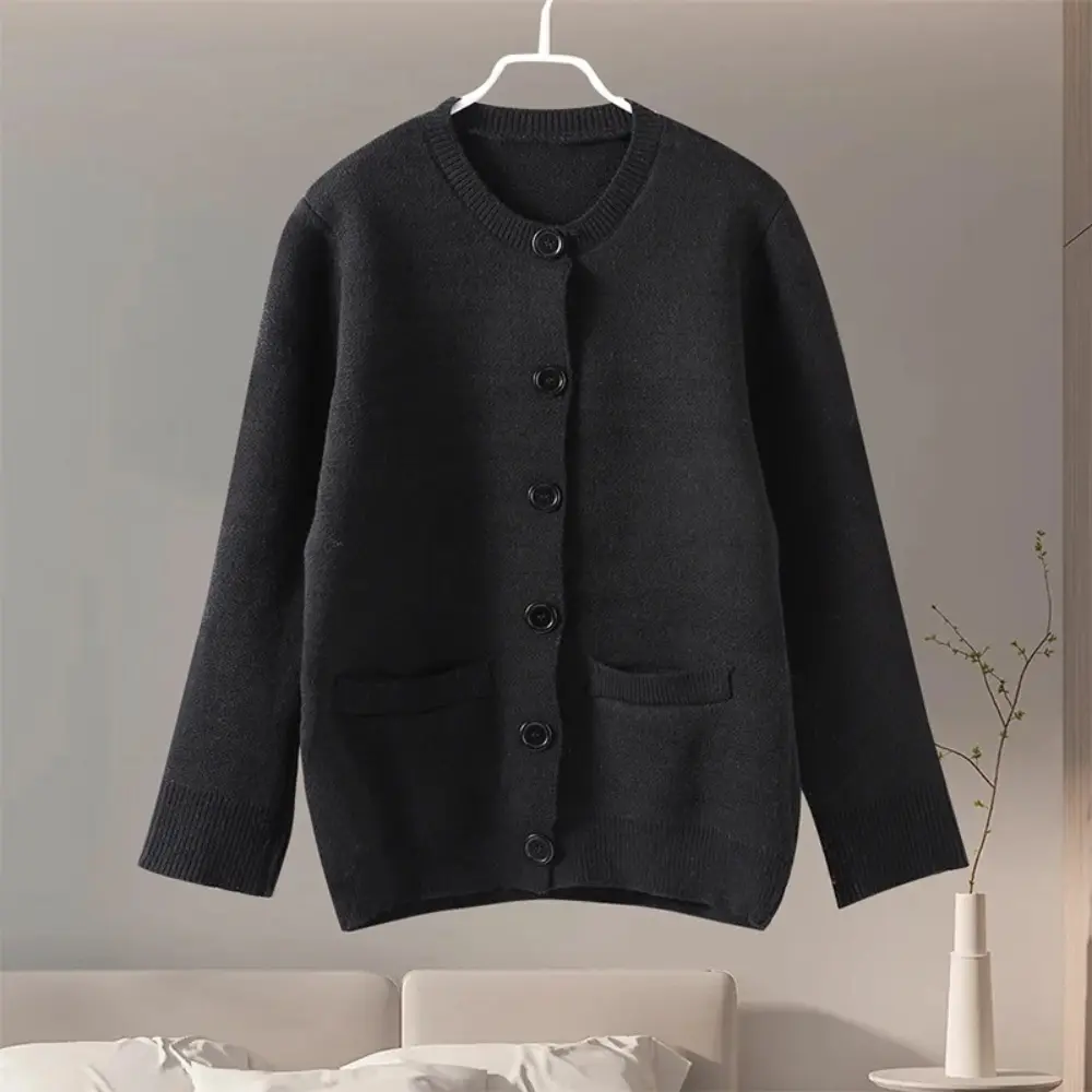 Celestine slim-fit knit cardigan in neutral tone with classic round neck and single-breasted design