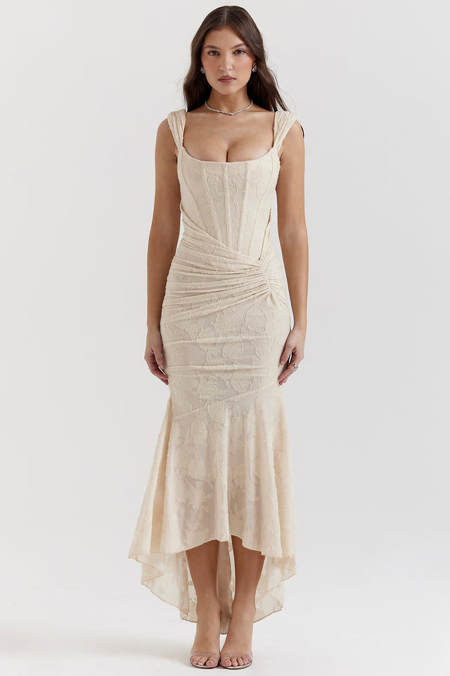Women's ivory lace ruched bodycon dress sleeveless silhouette for wedding guest evening wear
