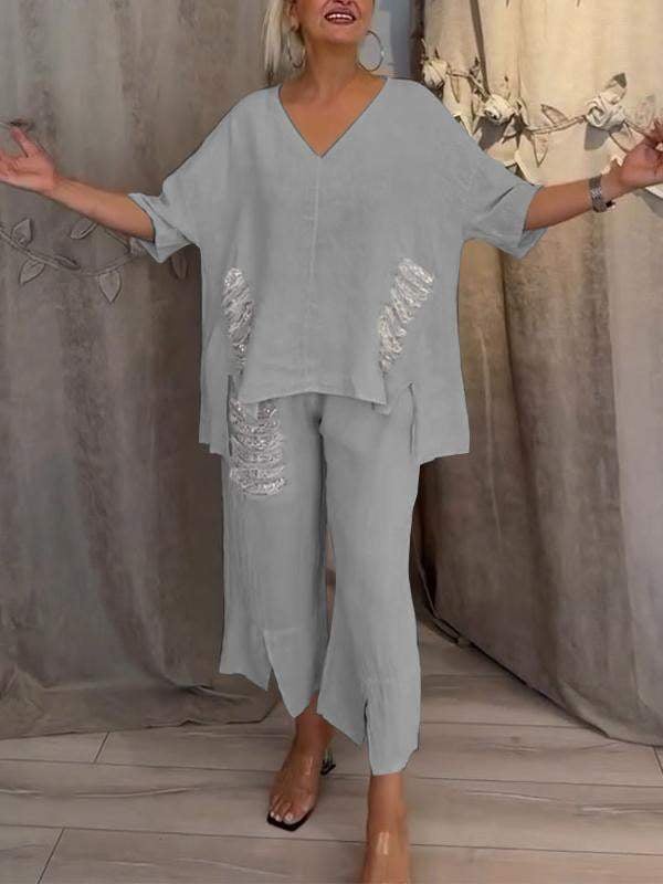 Women's ivory linen 2-piece set oversized V-neck top with sequin fringe pocket and cropped wide-leg pants