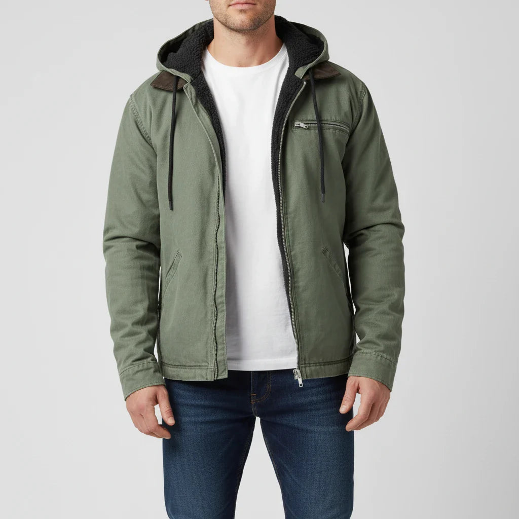 Men's gray hooded full-zip jacket with chest pocket and adjustable drawstring hood casual fit