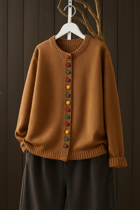 Gretchen relaxed-fit cardigan with decorative button accents, timeless elegant layering piece