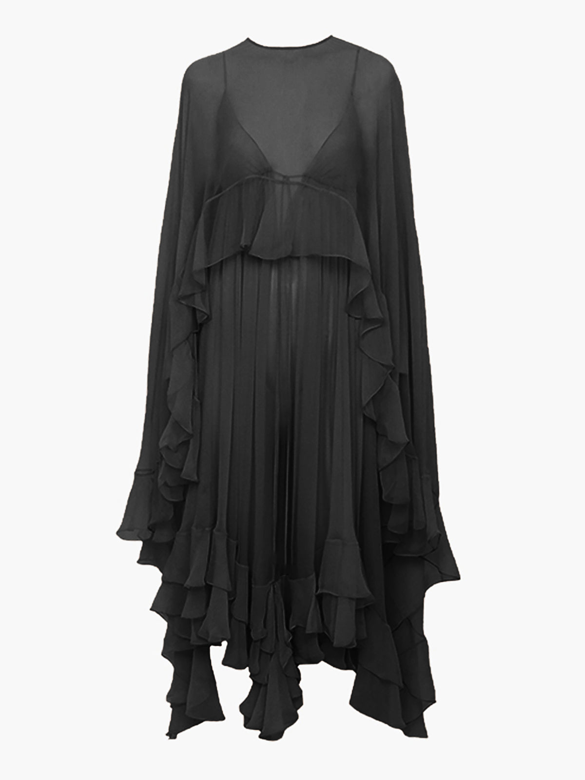 Blush chiffon layered maxi dress with dramatic cape sleeves and cascading ruffle tiers