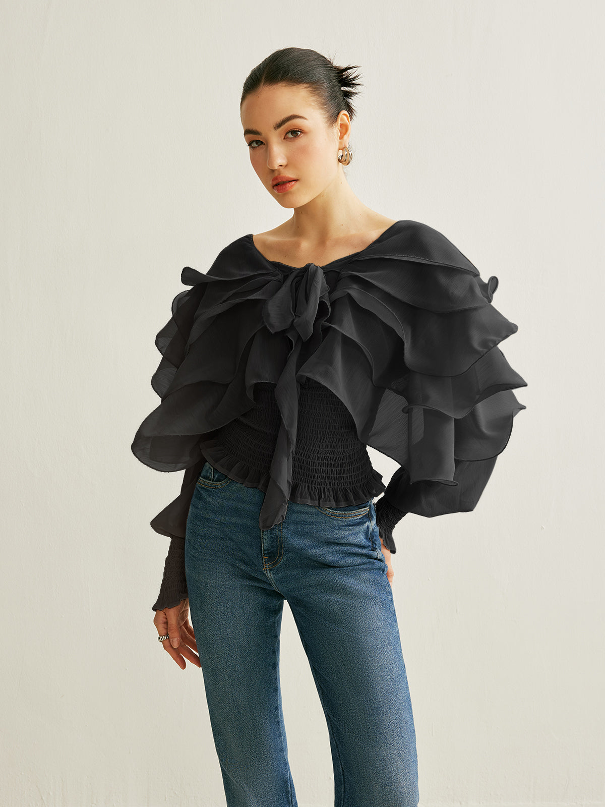 Chiffon ruffle backless top with shirred pleated detail and knotted tie, flowy feminine style