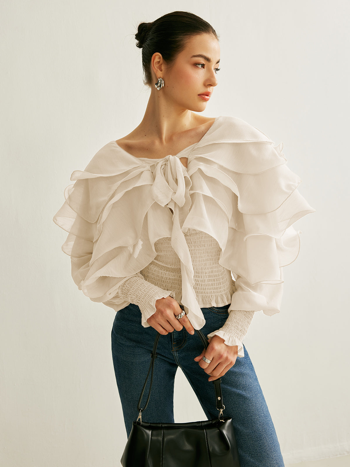 Chiffon ruffle backless top with shirred pleated detail and knotted tie, flowy women's blouse