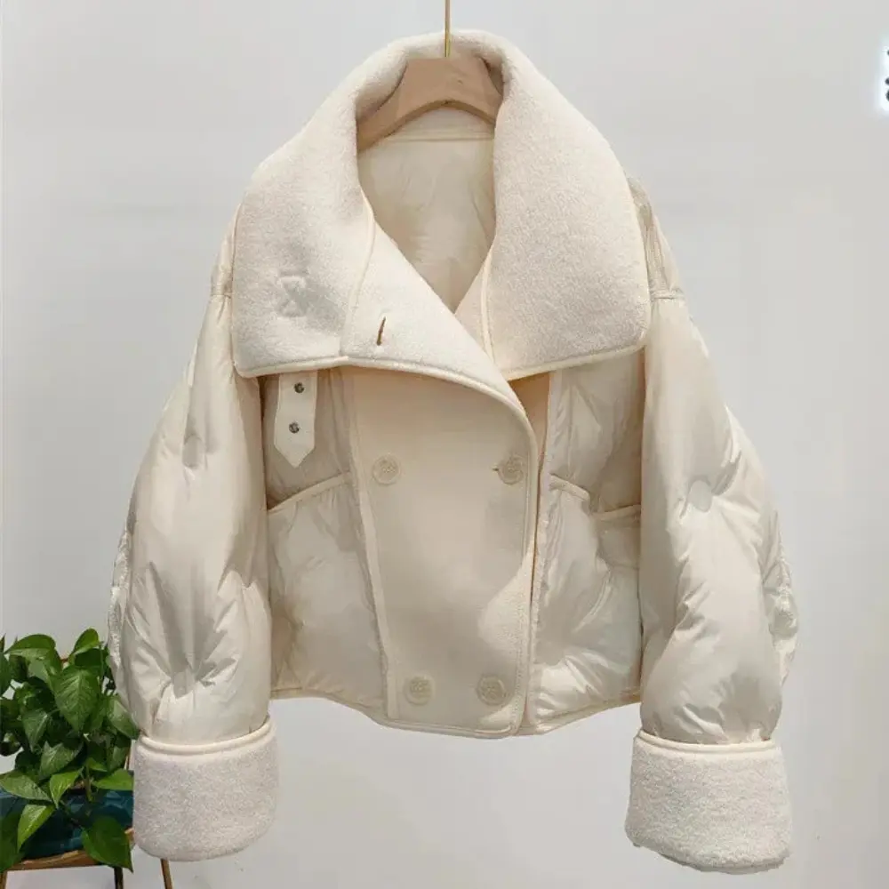 Clara double-breasted aviator jacket in sleek finish, 90% white duck down fill, polished outerwear