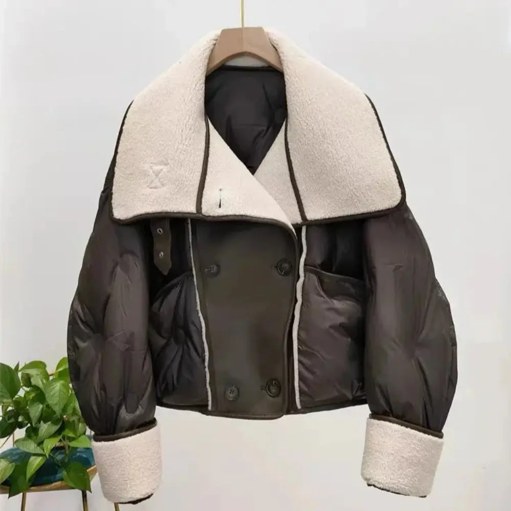 Clara double-breasted aviator jacket in sleek finish, 90% white duck down fill, polished outerwear style
