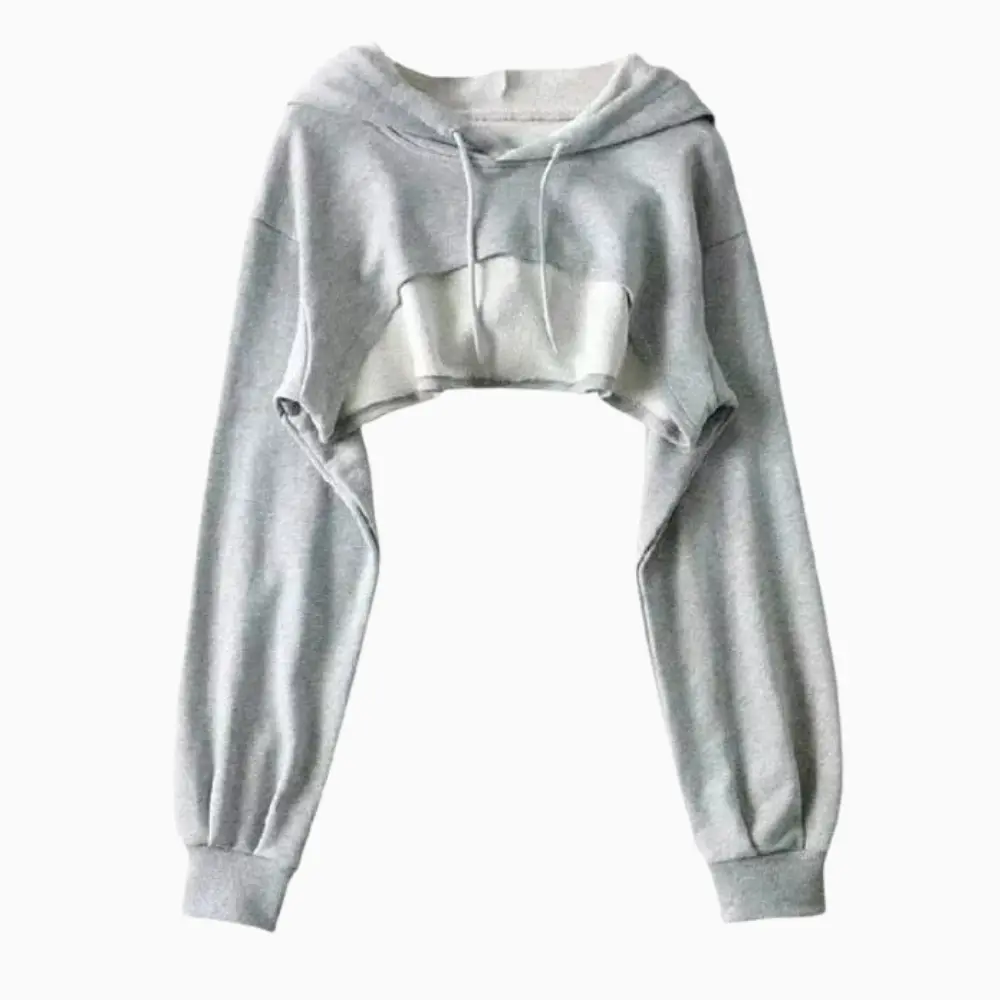 Cleo cropped drawstring hoodie with irregular low hem, long sleeves, perfect for Y2K casual style
