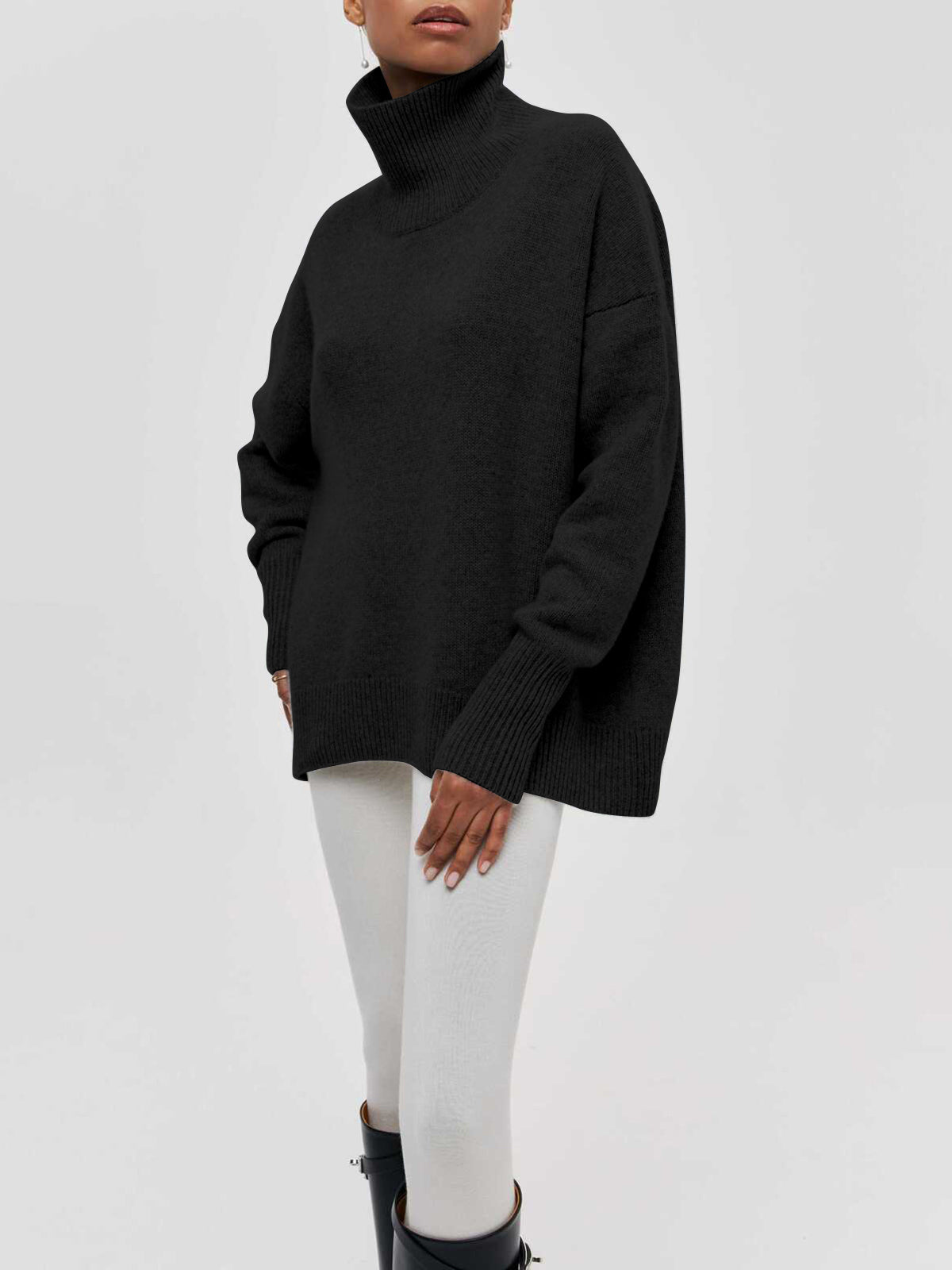Sky blue oversized turtleneck knit sweater with casual shift fit and relaxed silhouette
