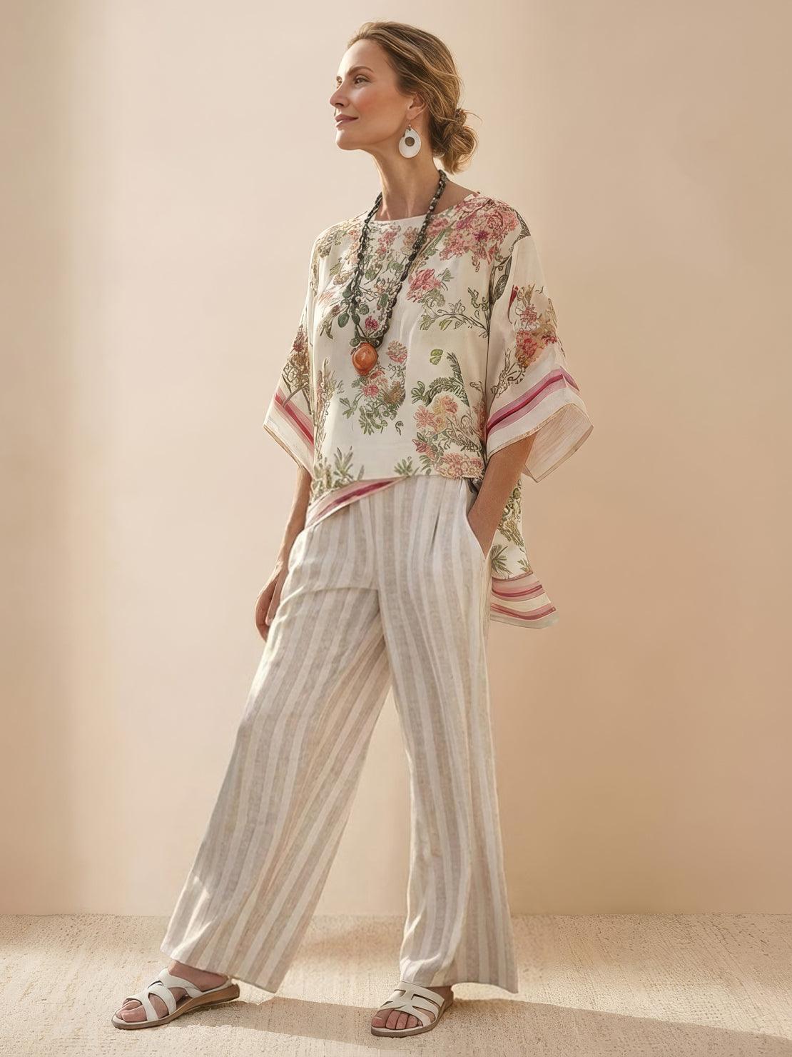 Women's striped wide-leg pants and oversized tee two-piece casual set in coastal matching style
