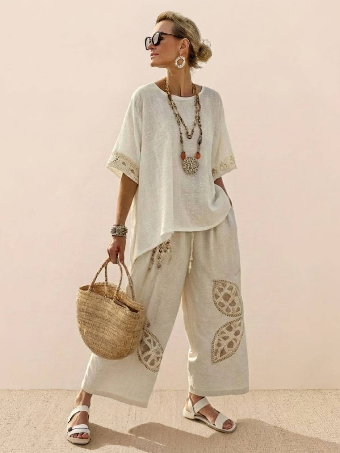 Women's striped wide-leg pants and oversized tee two-piece matching set, casual coastal style