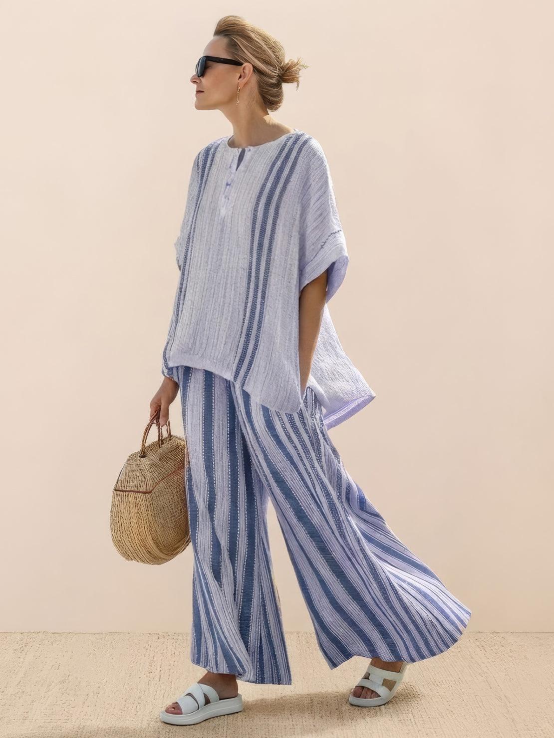 Women's striped wide-leg pants and oversized tee two-piece matching set in coastal casual style