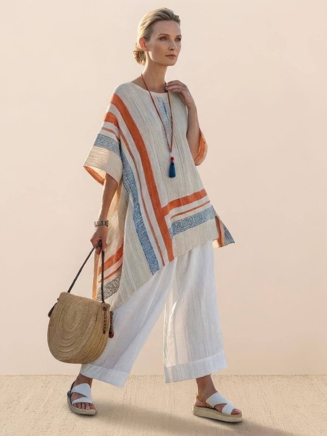 Women's striped wide-leg pants and oversized tee two-piece matching set in coastal casual style
