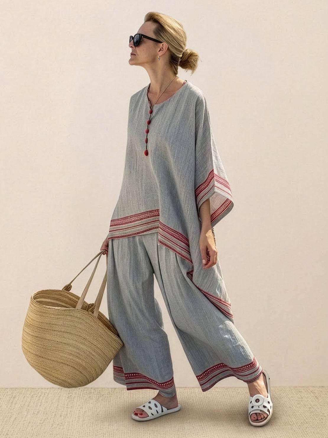Women's striped wide-leg pants and oversized tee two-piece matching set in coastal casual style