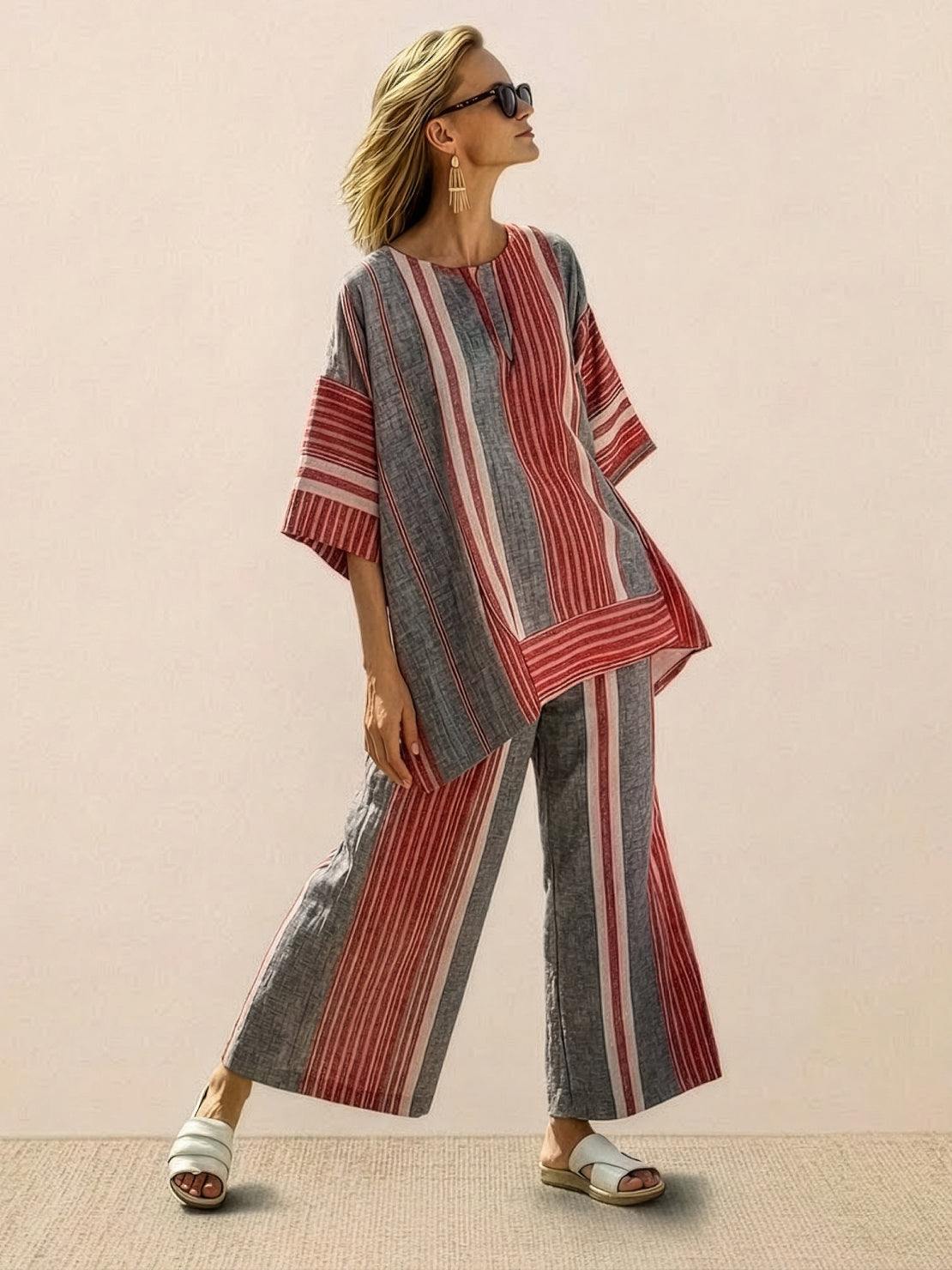 Women's striped wide-leg pants and oversized tee two-piece matching set in coastal casual style