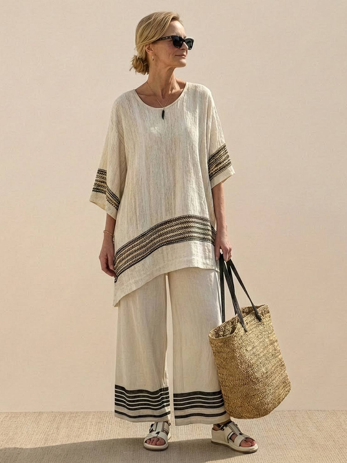 Women's striped wide-leg pants and oversized tee two-piece matching set in coastal casual style