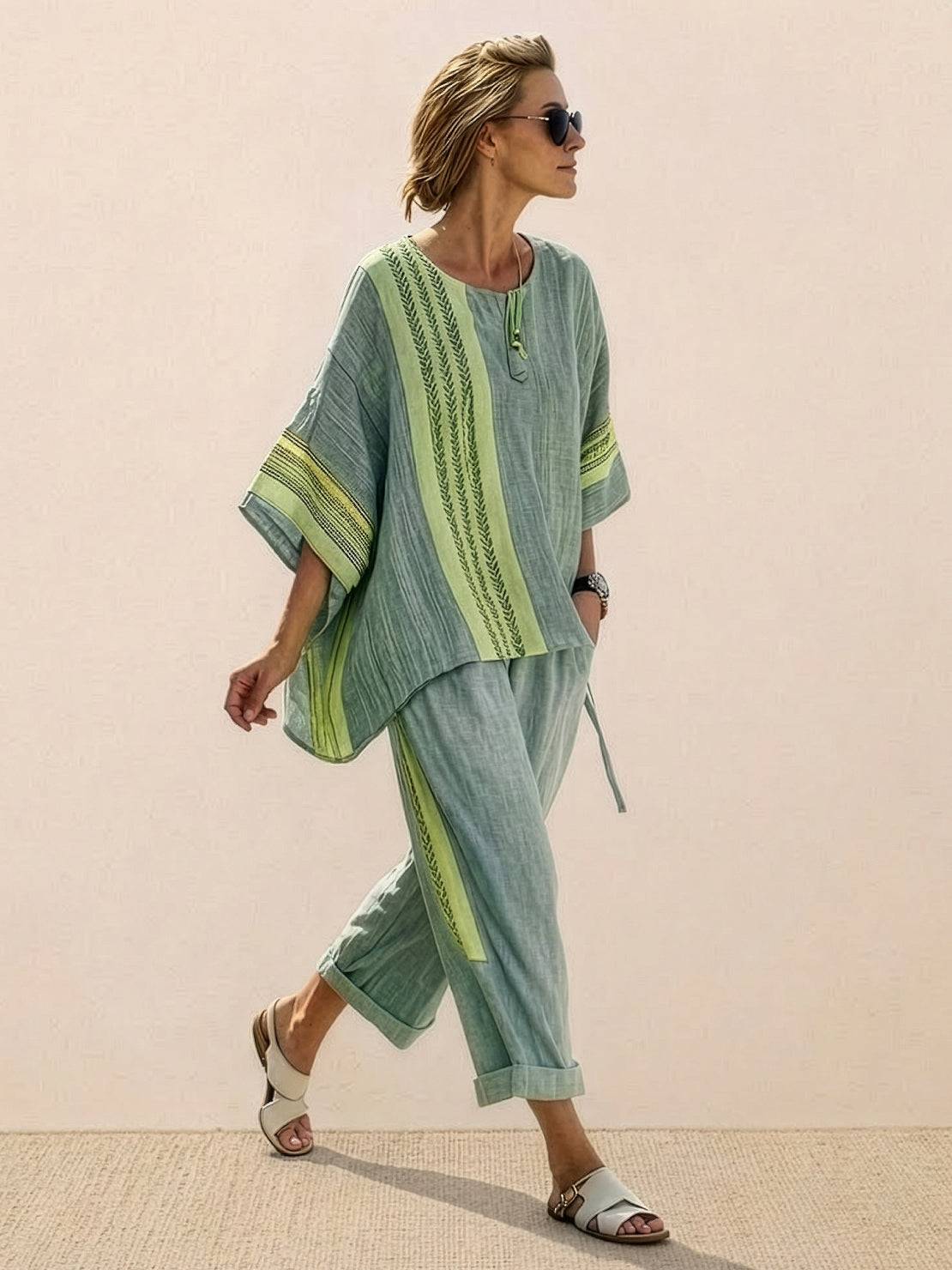 Women's striped wide-leg pants and oversized tee two-piece matching set in casual coastal style