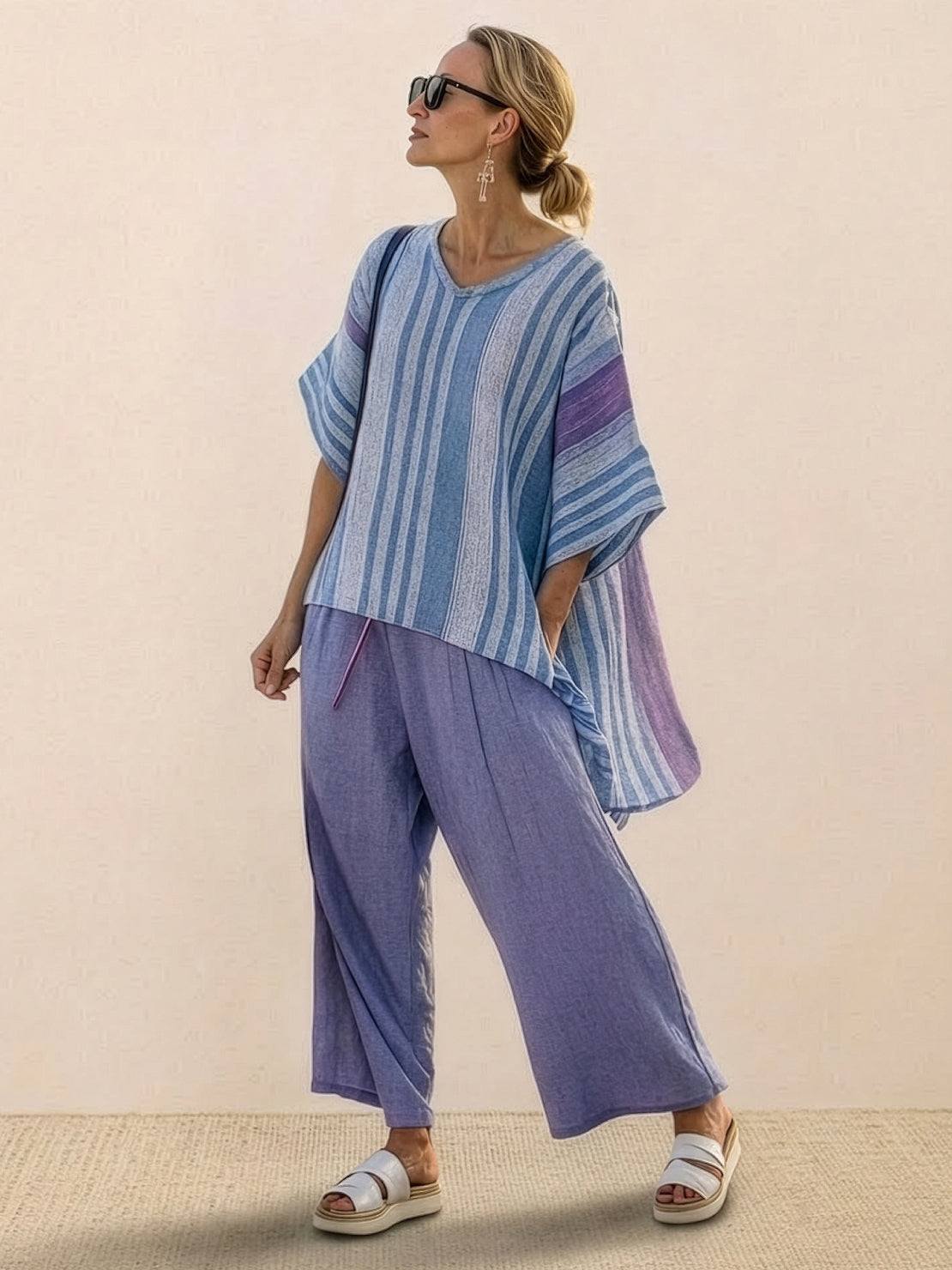 Women's striped wide-leg pants and oversized tee two-piece matching set in casual coastal style