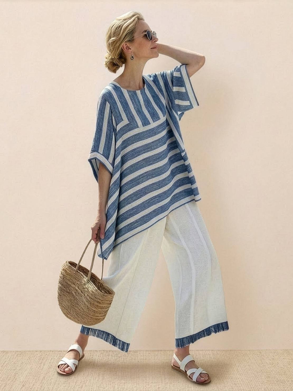 Women's striped wide-leg pants and oversized tee two-piece matching set in coastal casual style