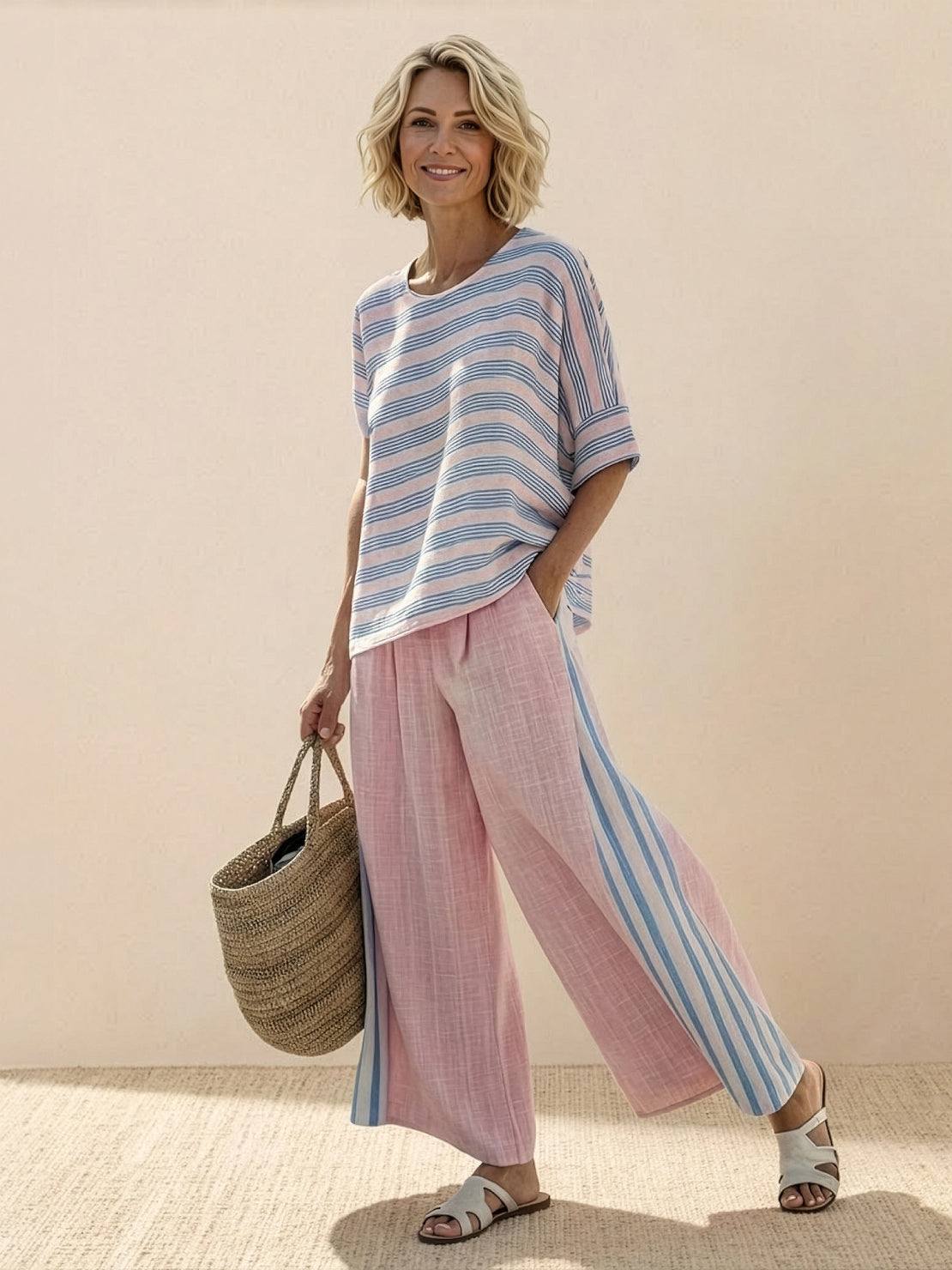 Women's striped wide-leg pants and oversized tee two-piece matching set in casual coastal style