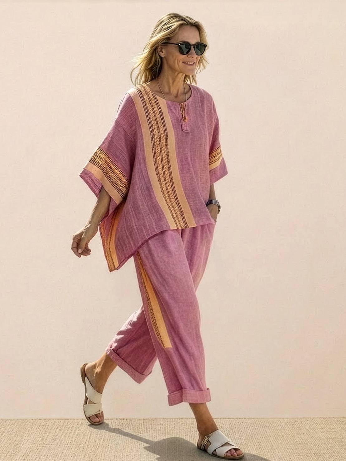 Women's striped wide-leg pants and oversized tee two-piece matching set in coastal casual style